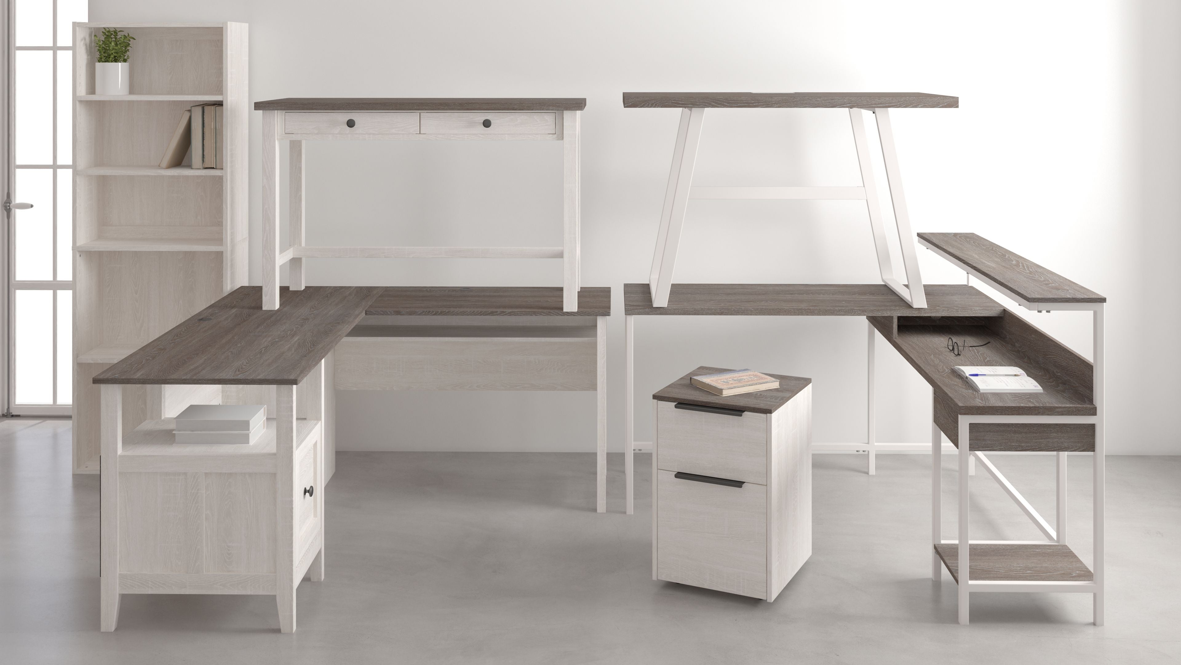 Dorrinson - White / Black / Gray - L-Desk with Storage