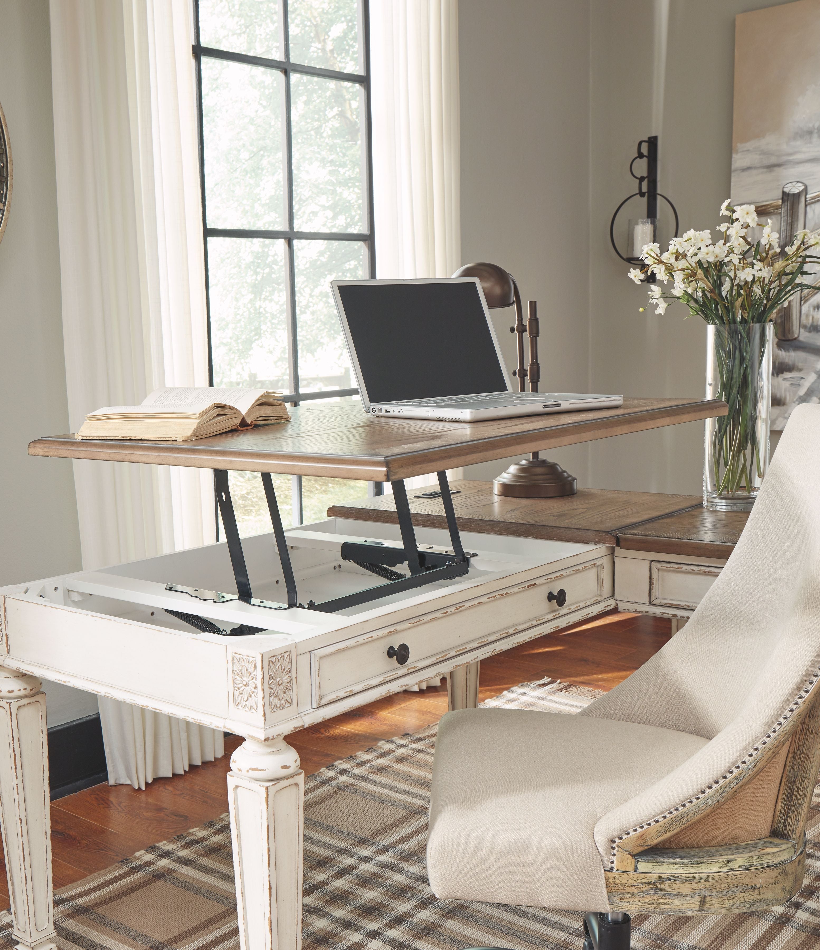 Realyn - White / Brown - Home Office Lift Top Desk