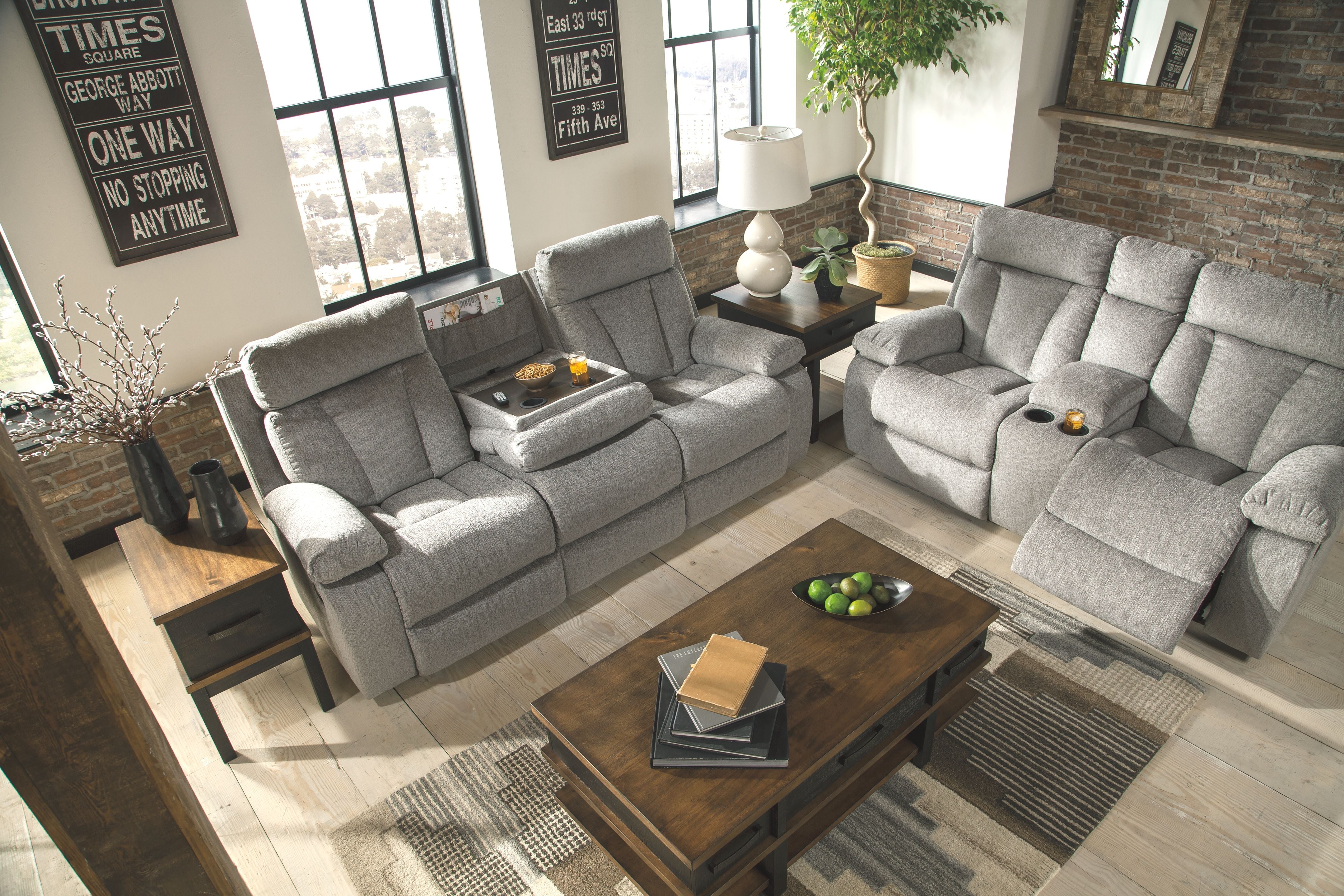 Mitchiner - Fog - Rec Sofa W/Drop Down Table