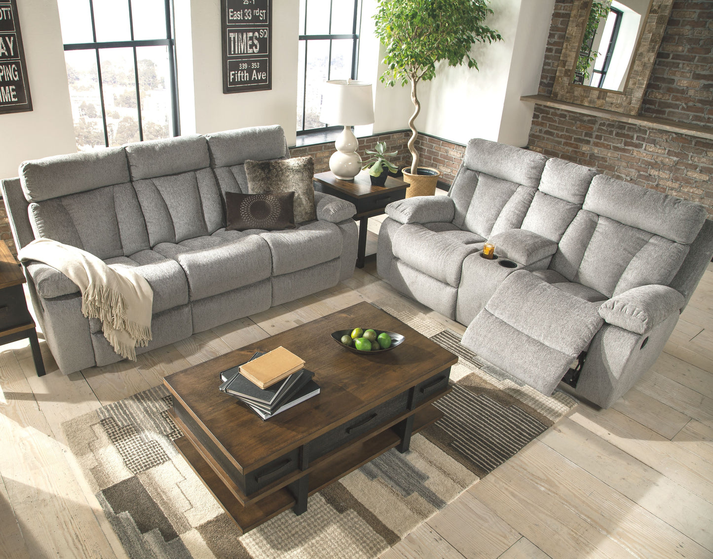 Mitchiner - Fog - Rec Sofa W/Drop Down Table