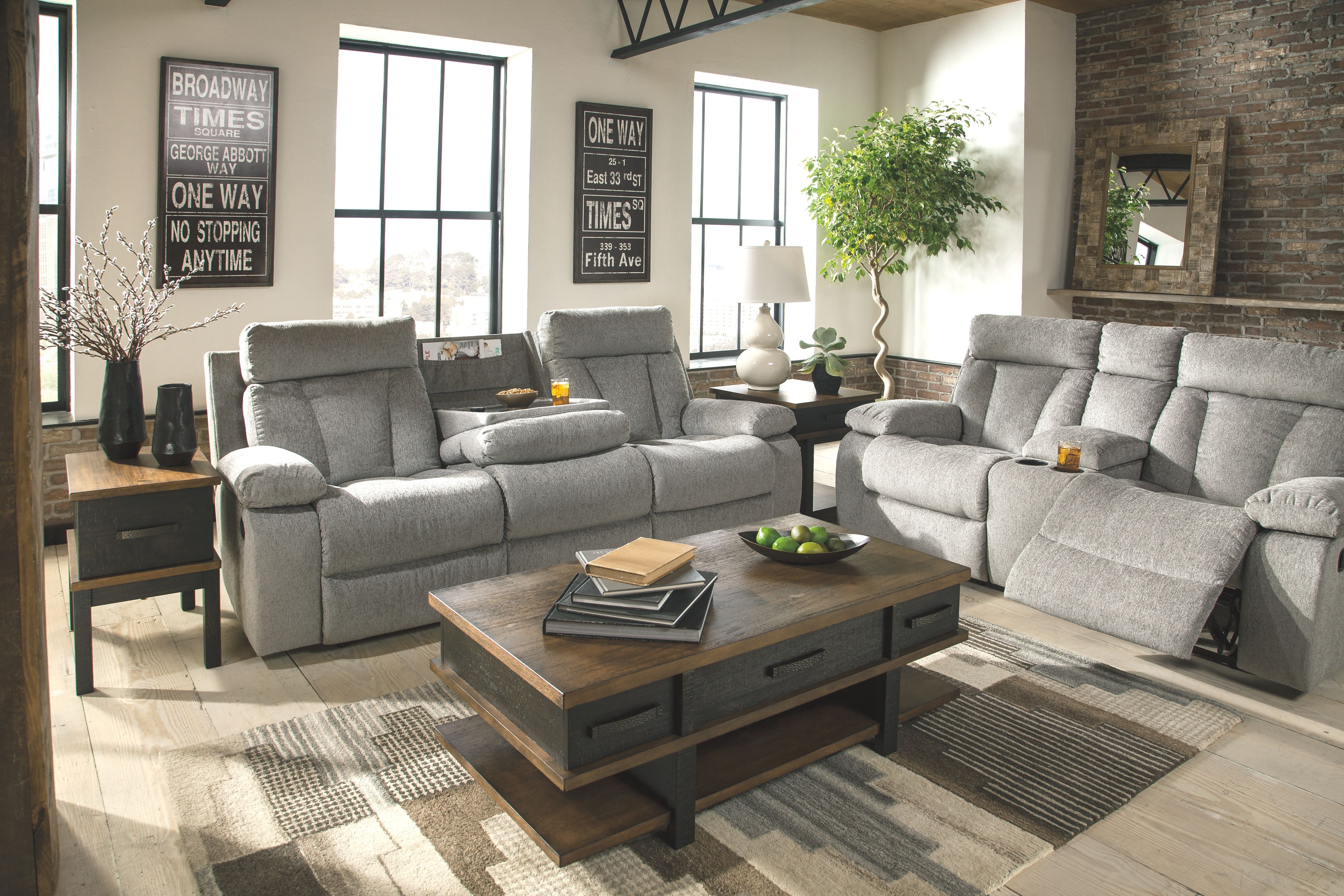 Mitchiner - Fog - Rec Sofa W/Drop Down Table