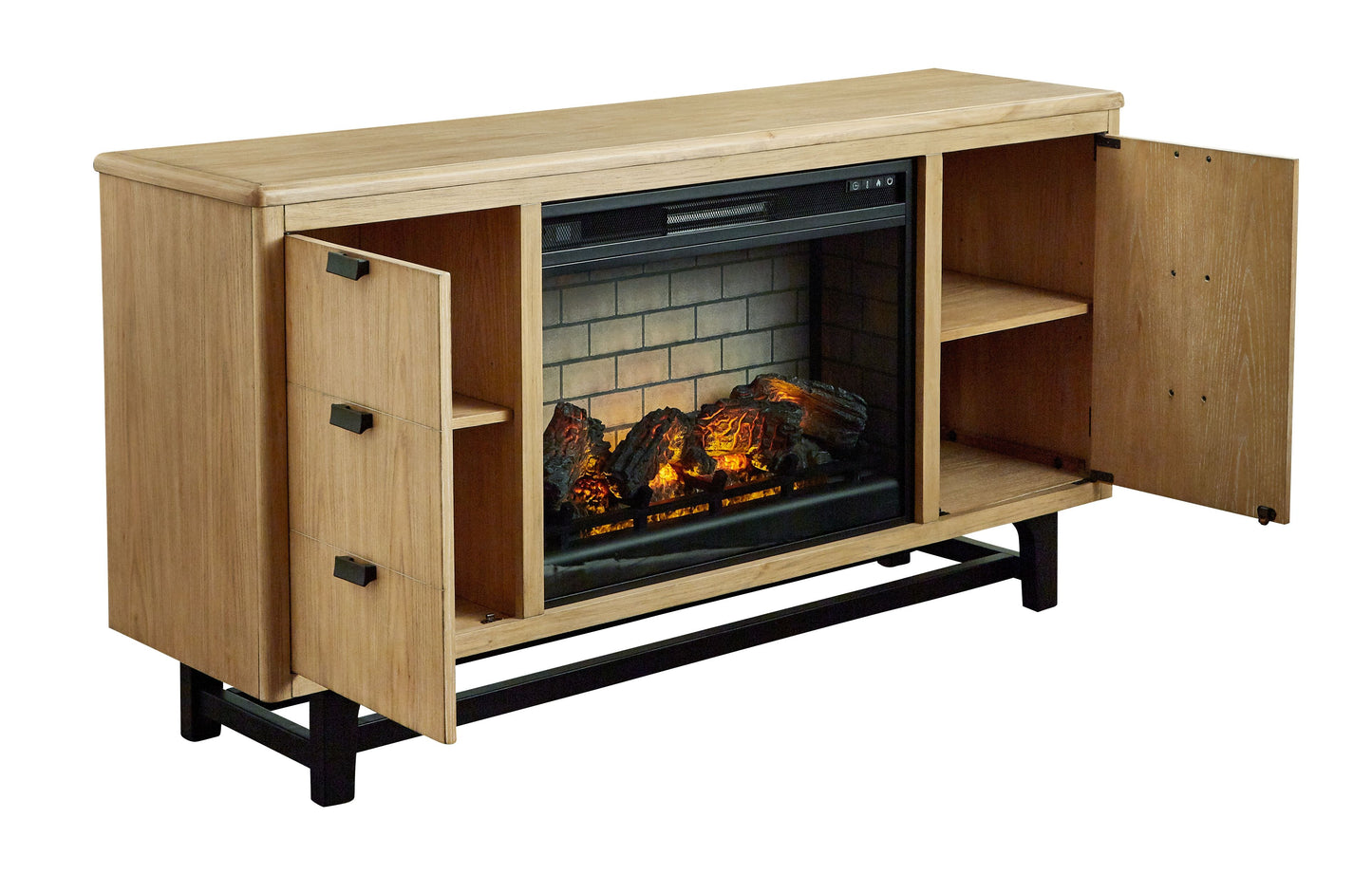 Freslowe - Light Brown / Black - TV Stand With Electric Infrared Fireplace Insert