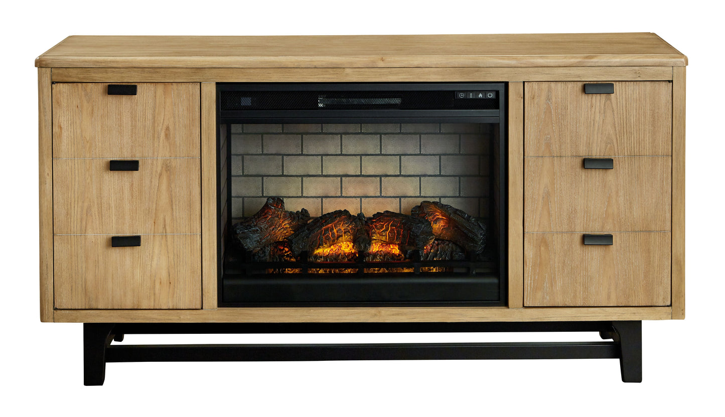 Freslowe - Light Brown / Black - TV Stand With Electric Infrared Fireplace Insert