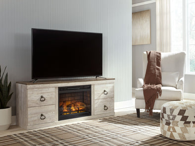 Willowton - Whitewash - 2 Pc. - TV Stand With Faux Firebrick Fireplace Insert