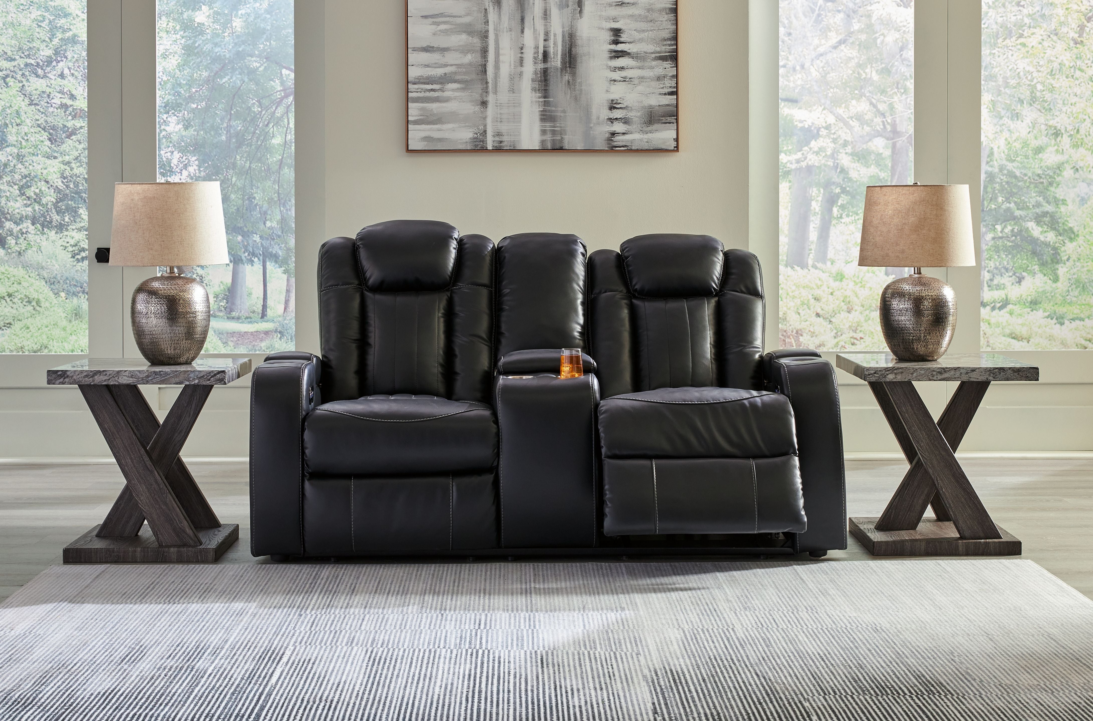 Caveman Den - Midnight - Power Reclining Loveseat with Console/ Adj Hdrst