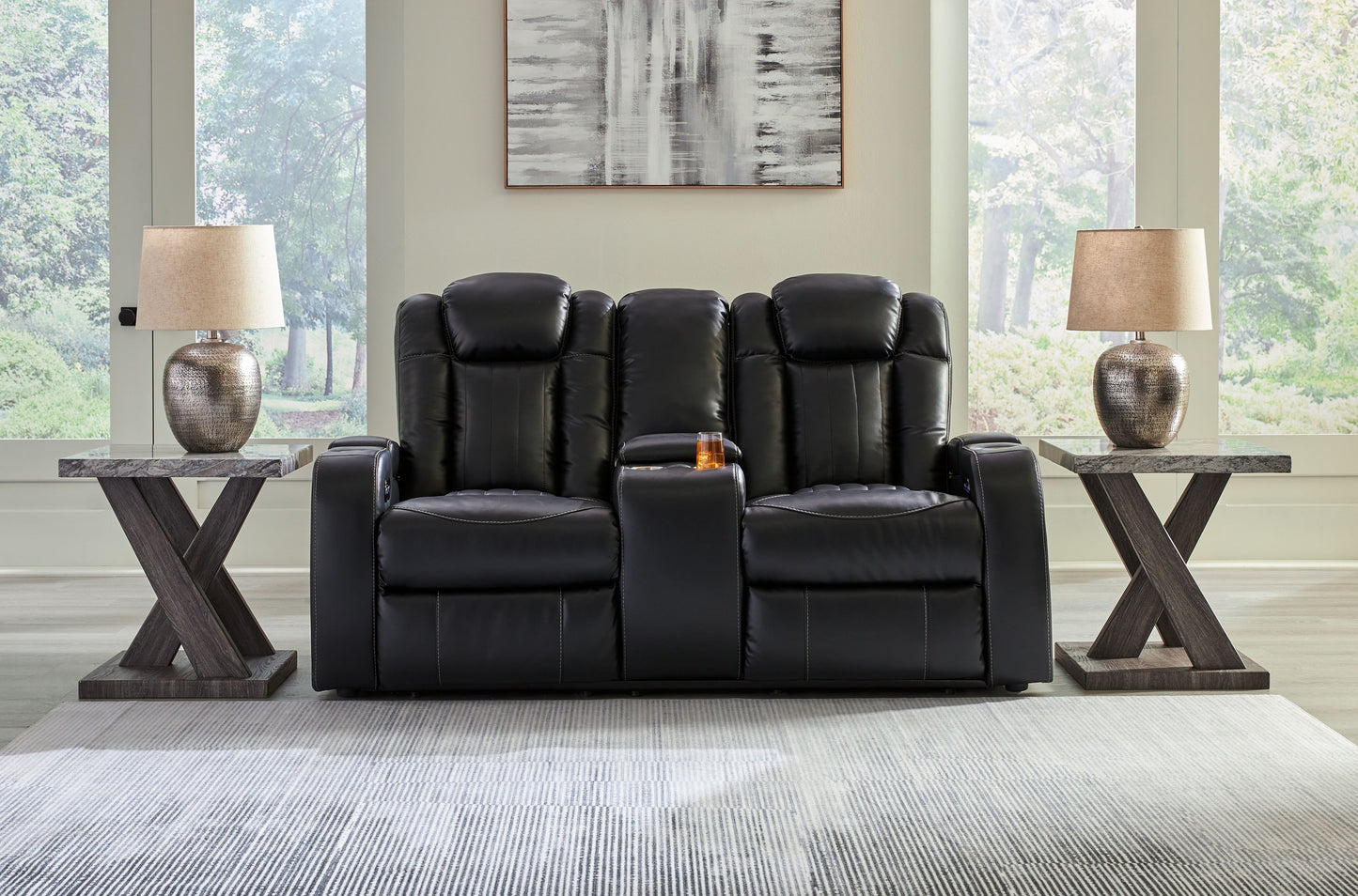 Caveman Den - Midnight - Power Reclining Loveseat With Console/ Adj Hdrst